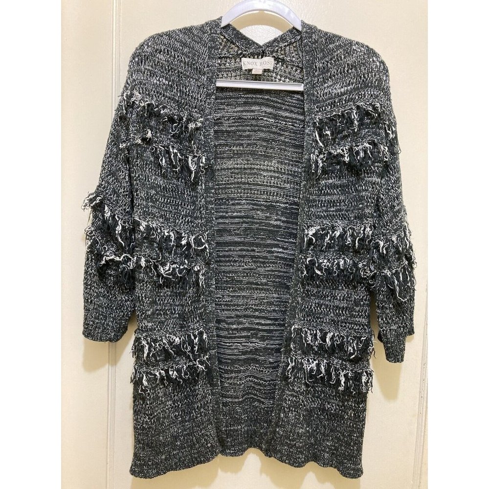 Knox Rose Cardigan Sweater Womens XS Open Front‎ Black White Fringe Boho